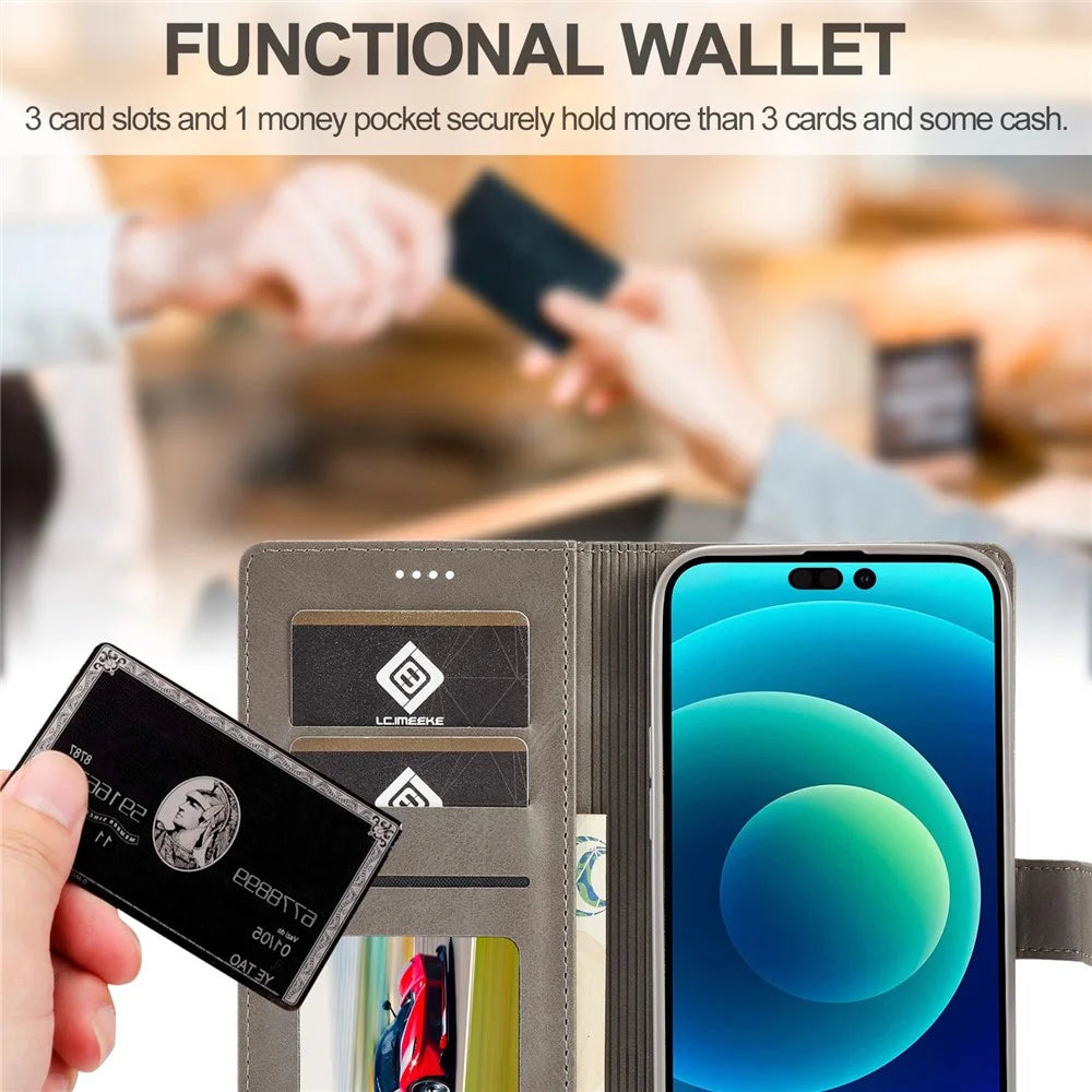 LC.IMEEKE For iPhone 14 Pro Max 6.7 inch PU Leather Folio Flip Wallet Case Magnetic Closure Stand Shockproof Phone Cover - Grey - 6
