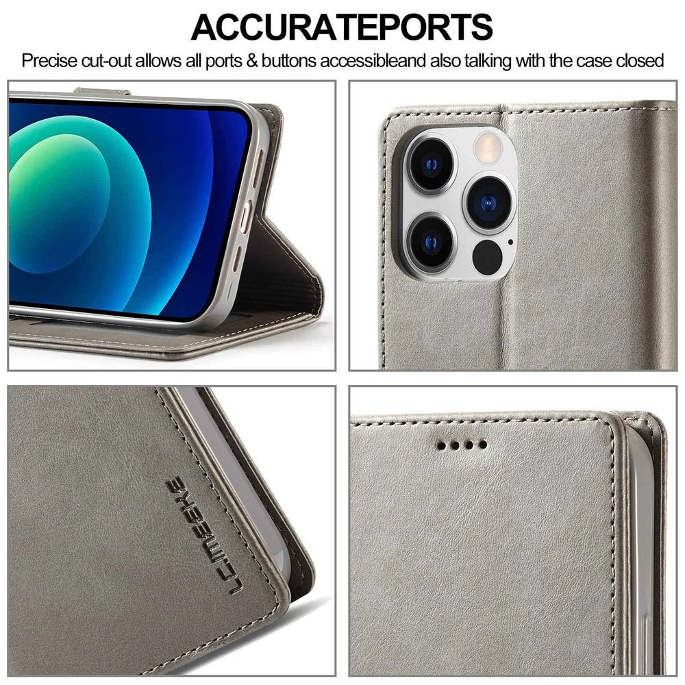LC.IMEEKE For iPhone 14 Pro Max 6.7 inch PU Leather Folio Flip Wallet Case Magnetic Closure Stand Shockproof Phone Cover - Grey - 7