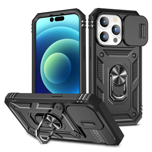 For iPhone 14 Pro Max 6.7 inch Phone Shell PC+TPU Sliding Camera Lens Cover Design Case with Kickstand / Card Slot - Black - 1