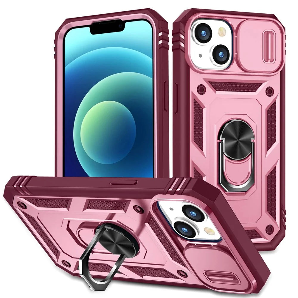 For iPhone 14 6.1 inch PC+TPU Kickstand Function Anti-wear Back Cover Sliding Camera Lens Protector Case with Card Slot - Pink  /  Dark Red - 1