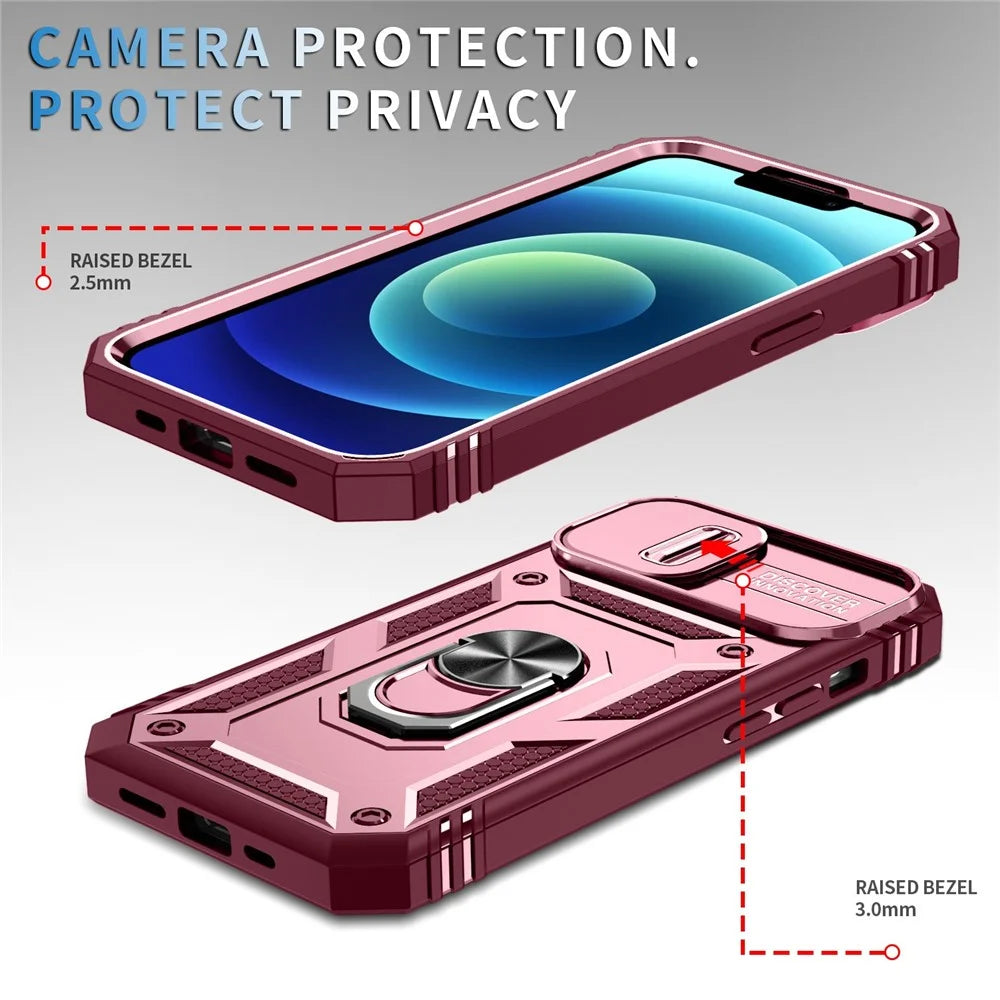 For iPhone 14 6.1 inch PC+TPU Kickstand Function Anti-wear Back Cover Sliding Camera Lens Protector Case with Card Slot - Pink  /  Dark Red - 2