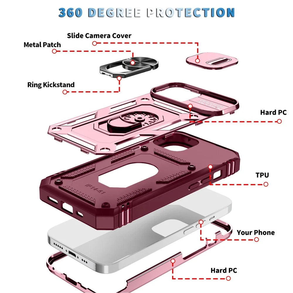 For iPhone 14 6.1 inch PC+TPU Kickstand Function Anti-wear Back Cover Sliding Camera Lens Protector Case with Card Slot - Pink  /  Dark Red - 3