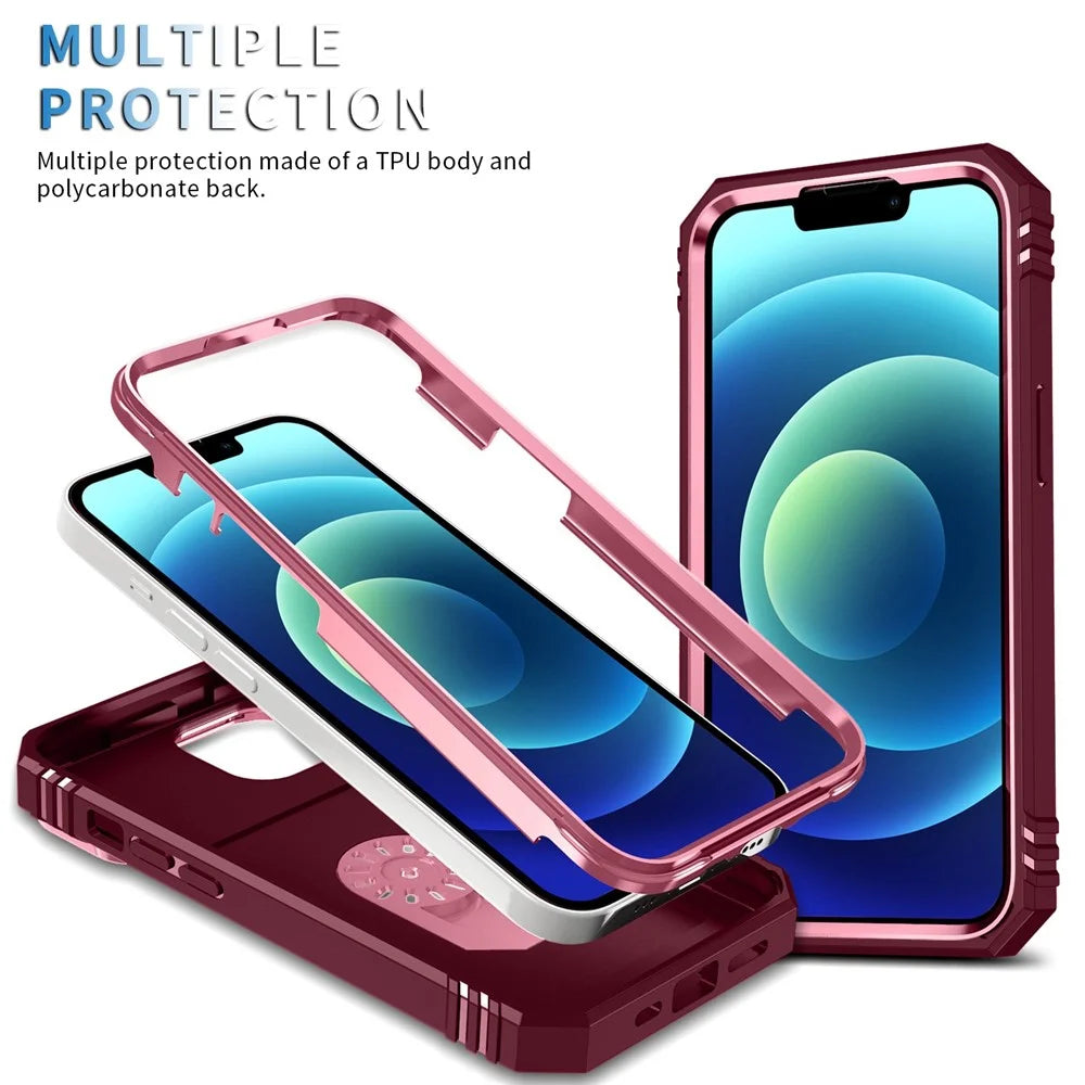 For iPhone 14 6.1 inch PC+TPU Kickstand Function Anti-wear Back Cover Sliding Camera Lens Protector Case with Card Slot - Pink  /  Dark Red - 4