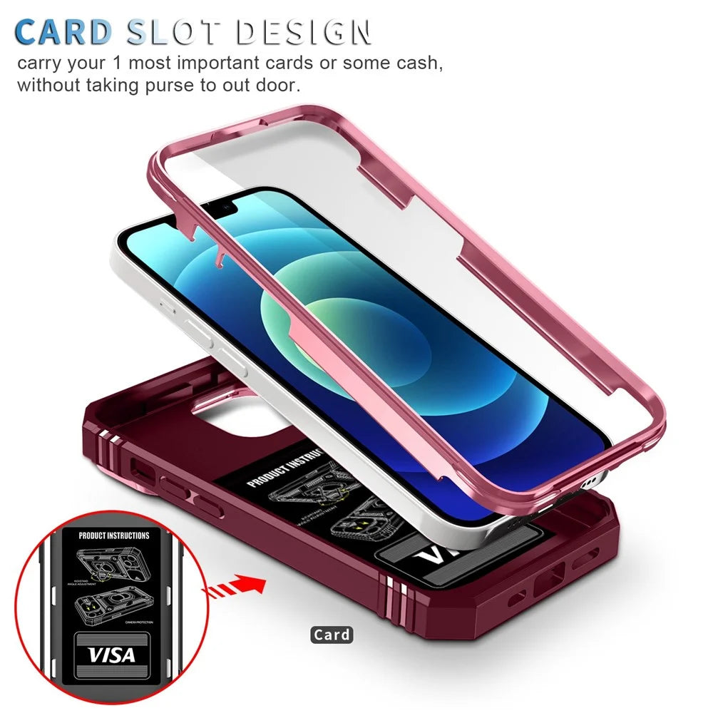 For iPhone 14 6.1 inch PC+TPU Kickstand Function Anti-wear Back Cover Sliding Camera Lens Protector Case with Card Slot - Pink  /  Dark Red - 5