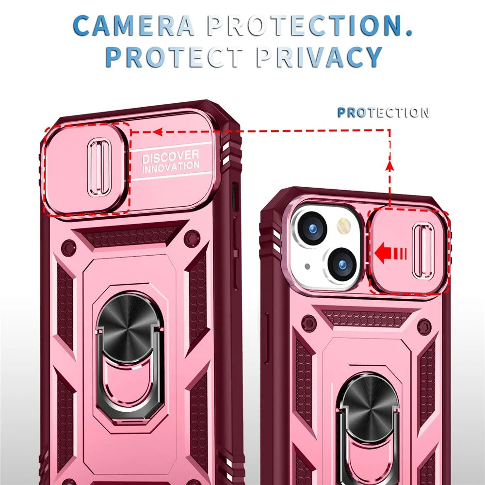 For iPhone 14 6.1 inch PC+TPU Kickstand Function Anti-wear Back Cover Sliding Camera Lens Protector Case with Card Slot - Pink  /  Dark Red - 6