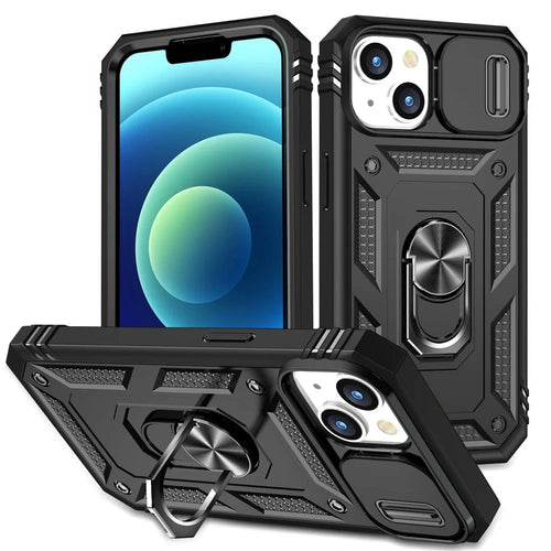 For iPhone 14 Plus Anti-fall PC+TPU Kickstand Function Phone Protector Sliding Camera Lens Cover Design Case with Card Slot - Black - 1