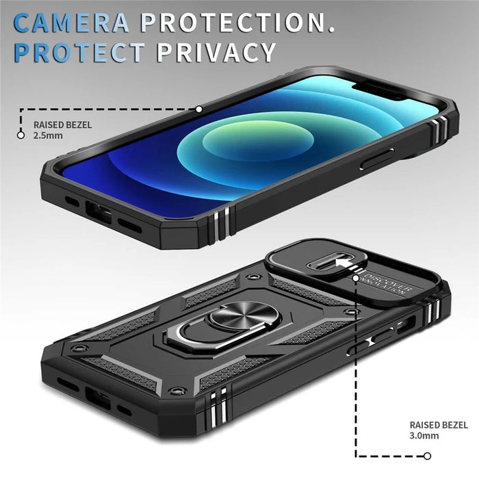 For iPhone 14 Plus Anti-fall PC+TPU Kickstand Function Phone Protector Sliding Camera Lens Cover Design Case with Card Slot - Black - 2
