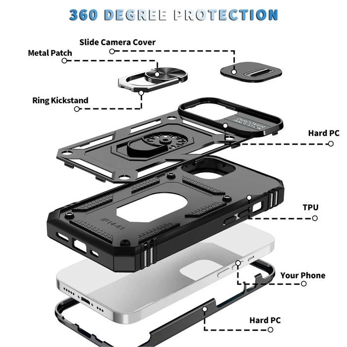 For iPhone 14 Plus Anti-fall PC+TPU Kickstand Function Phone Protector Sliding Camera Lens Cover Design Case with Card Slot - Black - 3