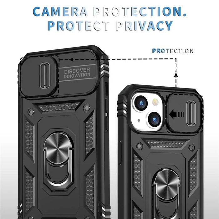 For iPhone 14 Plus Anti-fall PC+TPU Kickstand Function Phone Protector Sliding Camera Lens Cover Design Case with Card Slot - Black - 6