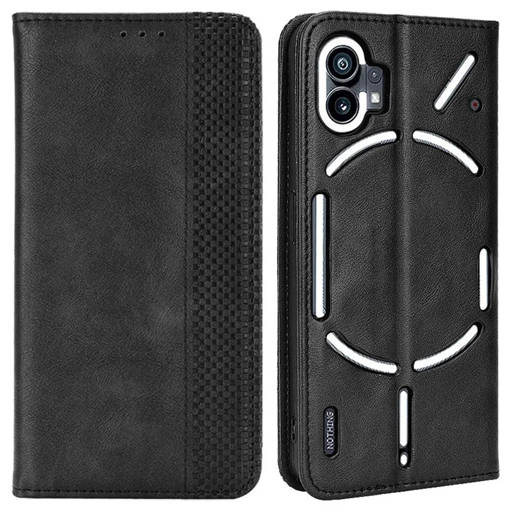 For Nothing phone (1) 5G Stand Function Vintage PU Leather Wear-resistant Cell Phone Case Shell with Wallet - Black - 1