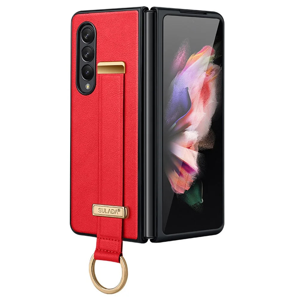 SULADA Fashion Series for Samsung Galaxy Z Fold4 5G Kickstand Design Anti-fingerprint Waxy Leather Coated PC Shell Electroplating Phone Case with Wristband - Red - 1