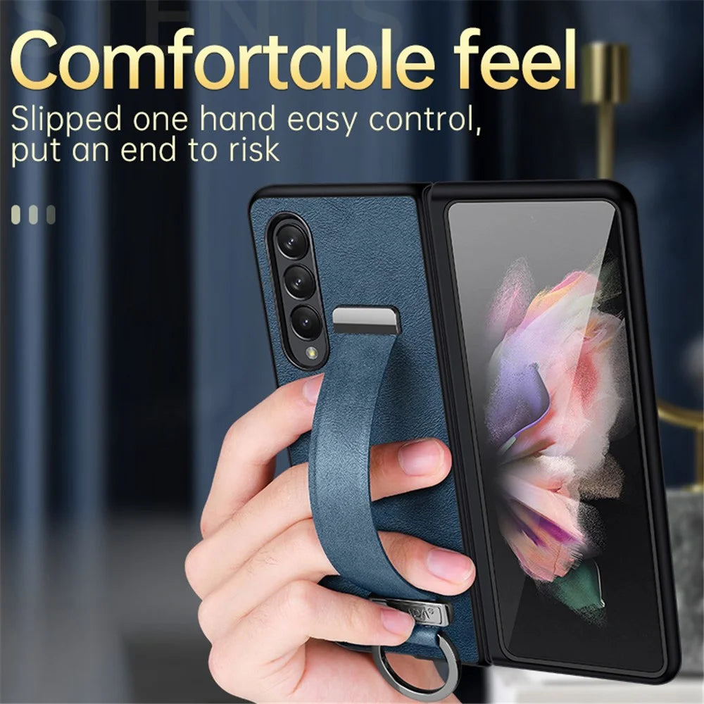 SULADA Fashion Series for Samsung Galaxy Z Fold4 5G Kickstand Design Anti-fingerprint Waxy Leather Coated PC Shell Electroplating Phone Case with Wristband - Red - 2