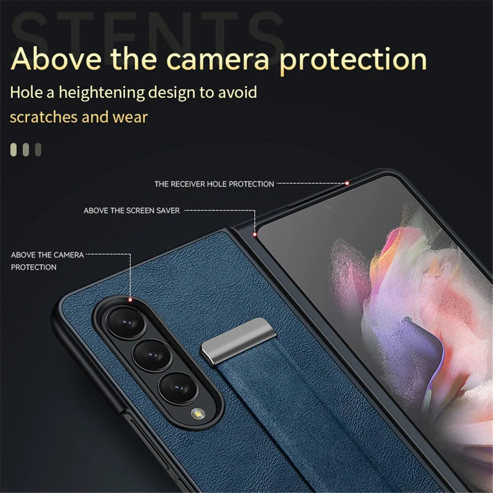 SULADA Fashion Series for Samsung Galaxy Z Fold4 5G Kickstand Design Anti-fingerprint Waxy Leather Coated PC Shell Electroplating Phone Case with Wristband - Red - 4