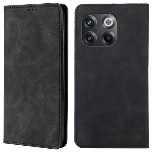 For OnePlus 10T 5G / Ace Pro 5G Skin-touch PU Leather Cover Stand Hidden Magnetic Adsorption Flip Card Slots Phone Case - Black - 1