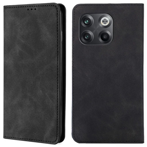 For OnePlus 10T 5G / Ace Pro 5G Skin-touch PU Leather Cover Stand Hidden Magnetic Adsorption Flip Card Slots Phone Case - Black - 1