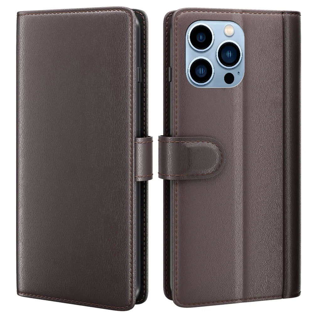 For iPhone 14 Pro Max Case Genuine Split Leather Phone Cover with Wallet Stand - Brown - 1
