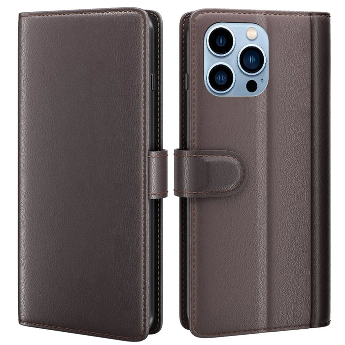For iPhone 14 Pro Max Case Genuine Split Leather Phone Cover with Wallet Stand - Brown - 1