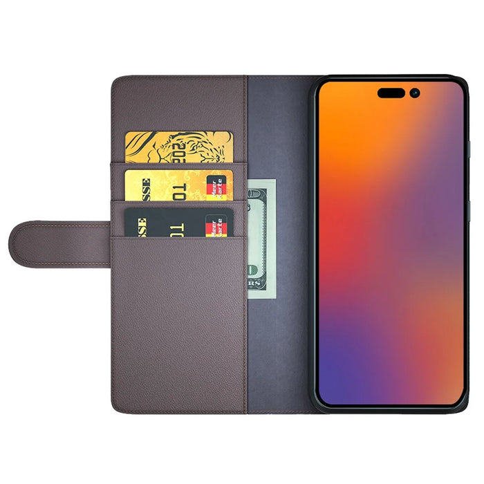 For iPhone 14 Pro Max Case Genuine Split Leather Phone Cover with Wallet Stand - Brown - 2