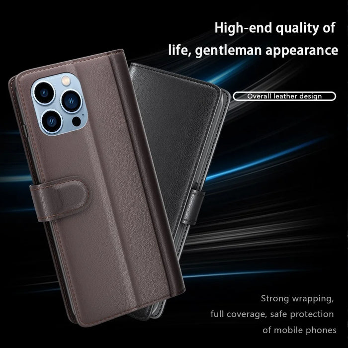For iPhone 14 Pro Max Case Genuine Split Leather Phone Cover with Wallet Stand - Brown - 4