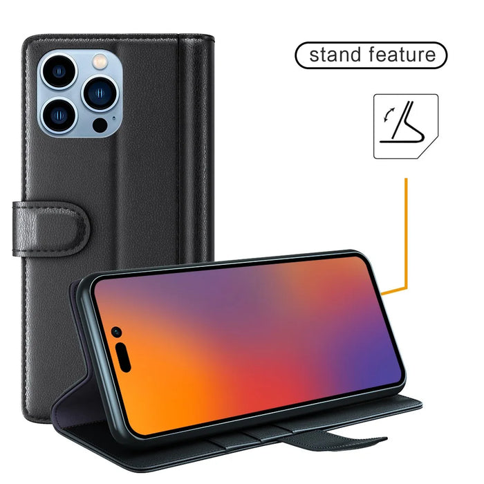 For iPhone 14 Pro Max Case Genuine Split Leather Phone Cover with Wallet Stand - Brown - 5