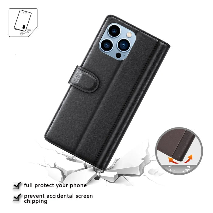 For iPhone 14 Pro Max Case Genuine Split Leather Phone Cover with Wallet Stand - Brown - 7