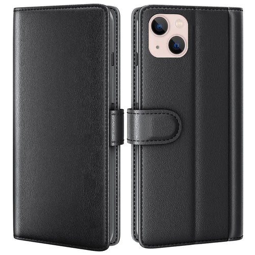 For iPhone 14 Plus Case Genuine Split Leather Phone Cover with Wallet Stand - Black - 1