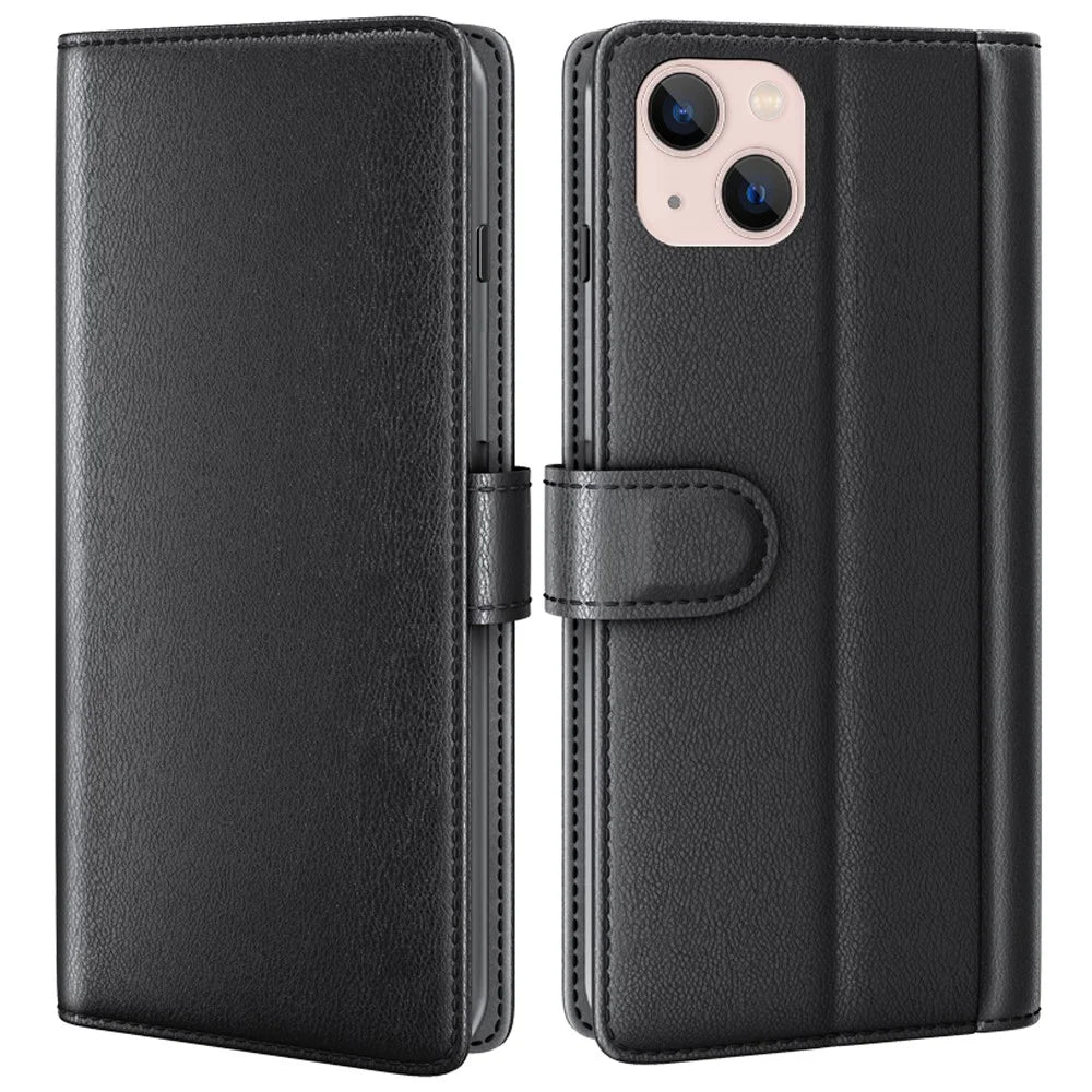 For iPhone 14 Plus Case Genuine Split Leather Phone Cover with Wallet Stand - Black - 1