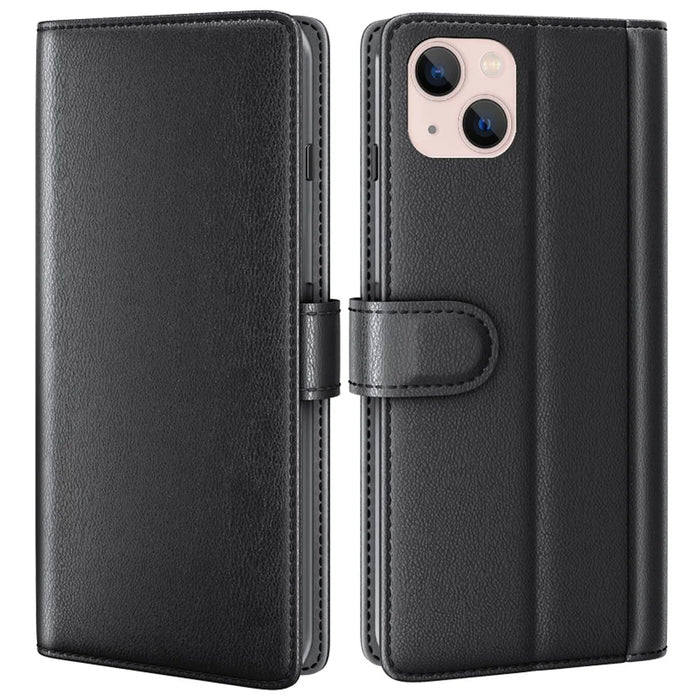 For iPhone 14 Plus Case Genuine Split Leather Phone Cover with Wallet Stand - Black - 1