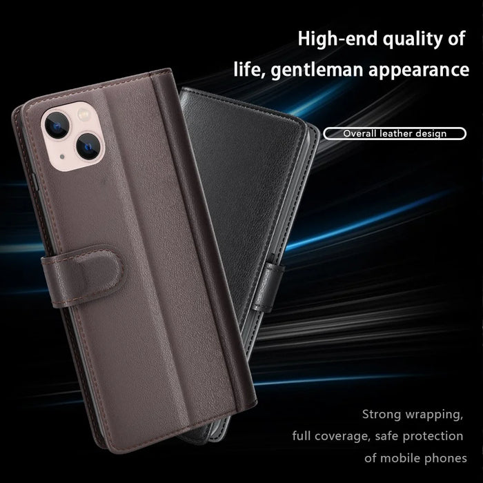 For iPhone 14 Plus Case Genuine Split Leather Phone Cover with Wallet Stand - Black - 4