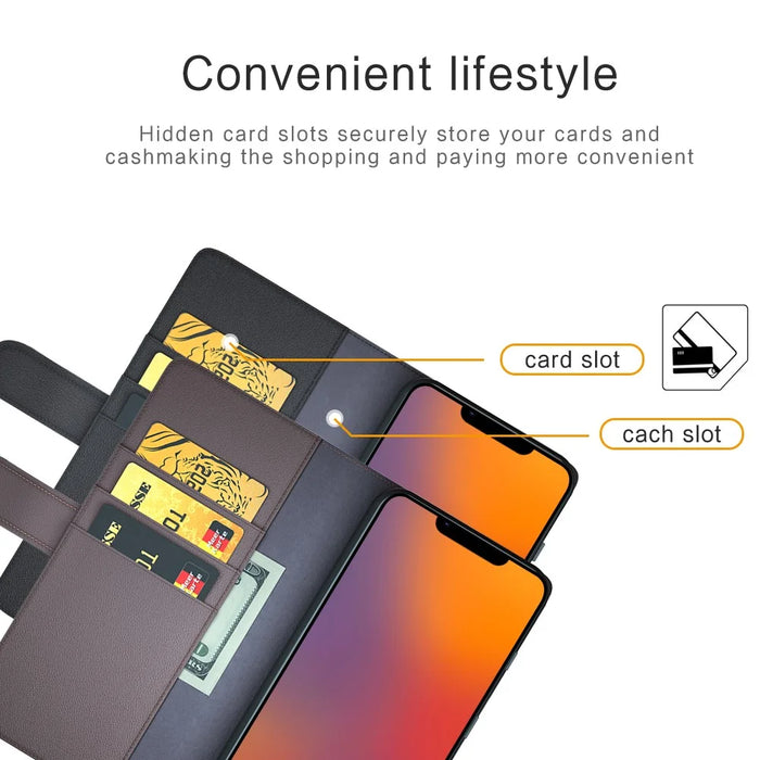 For iPhone 14 Plus Case Genuine Split Leather Phone Cover with Wallet Stand - Black - 5