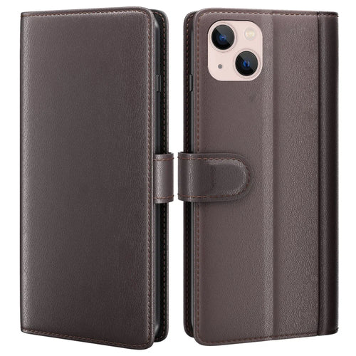 For iPhone 14 Case Genuine Split Leather Phone Cover with Wallet Stand - Brown - 1