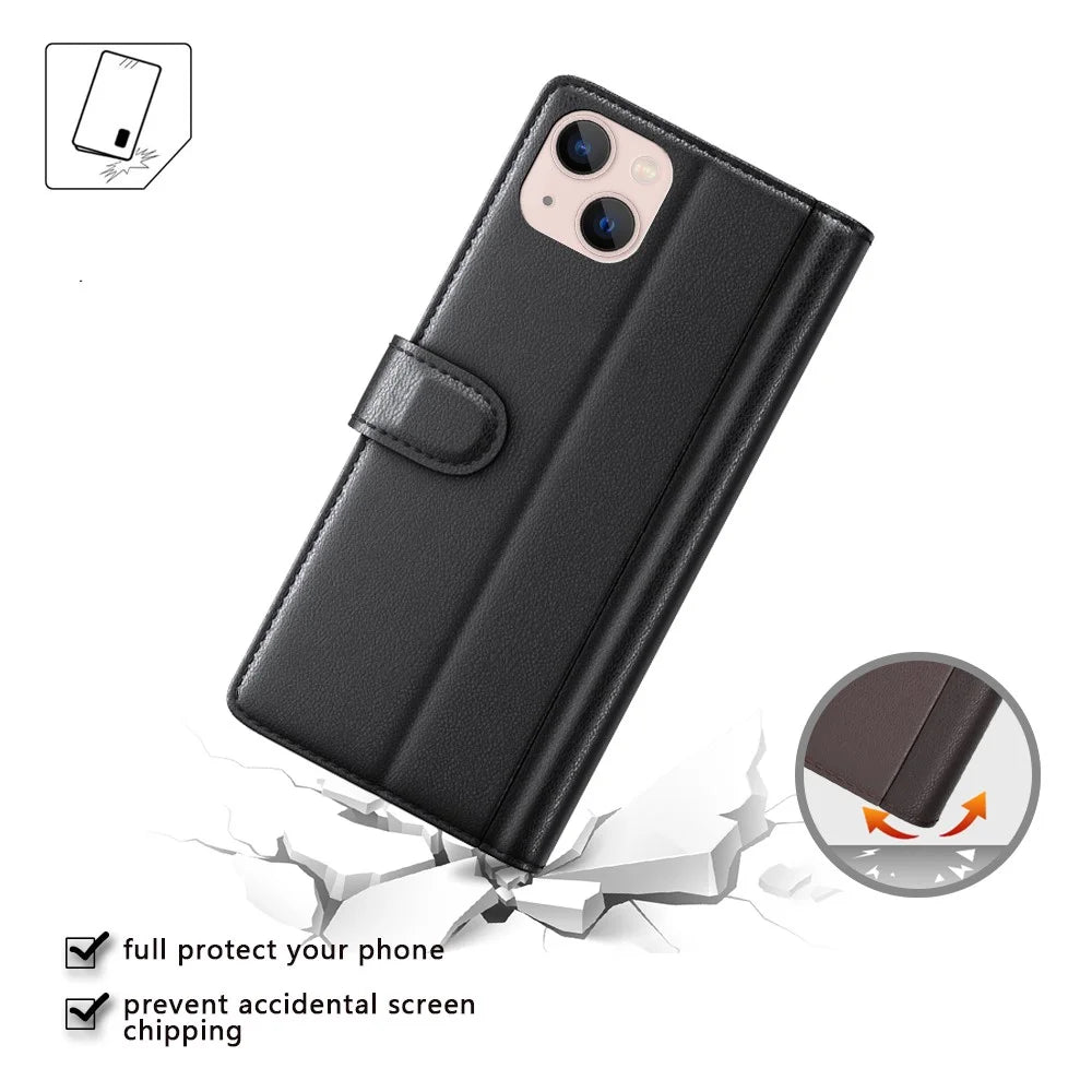 For iPhone 14 Case Genuine Split Leather Phone Cover with Wallet Stand - Brown - 7