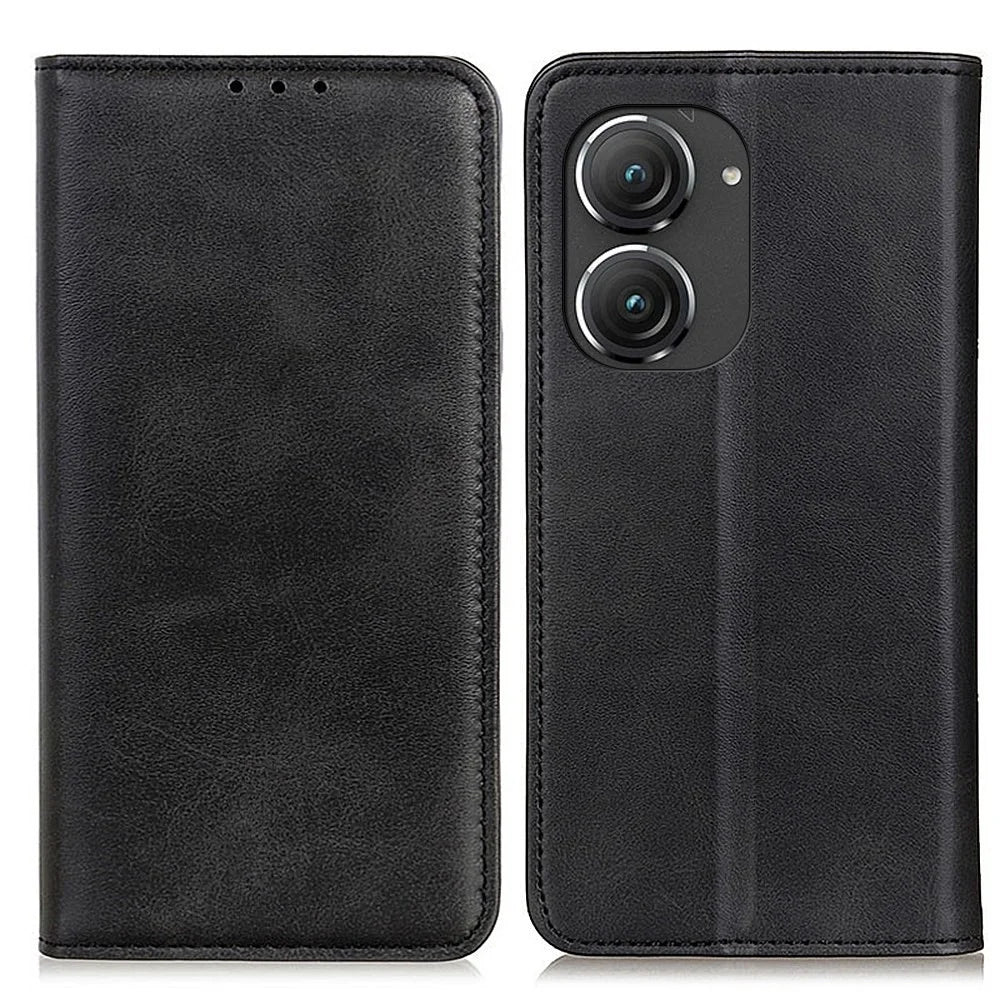 For Asus Zenfone 9 5G Magnetic Auto-absorbed Split Leather Phone Case Anti-drop Protection Stand Wallet Cover - Black - 1