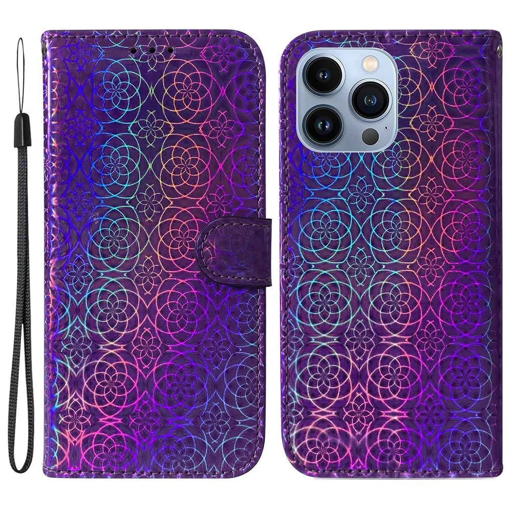For iPhone 14 Pro 6.1 inch Dazzling Flower Pattern Leather Case Anti-scratch Folio Flip Phone Shell with Stand Wallet - Purple - 1