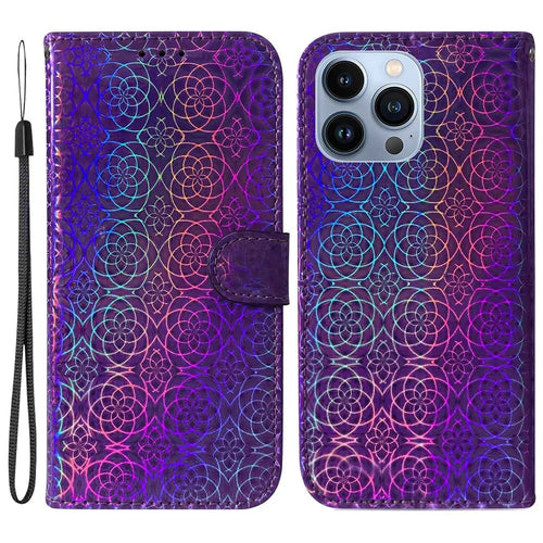 For iPhone 14 Pro 6.1 inch Dazzling Flower Pattern Leather Case Anti-scratch Folio Flip Phone Shell with Stand Wallet - Purple - 1