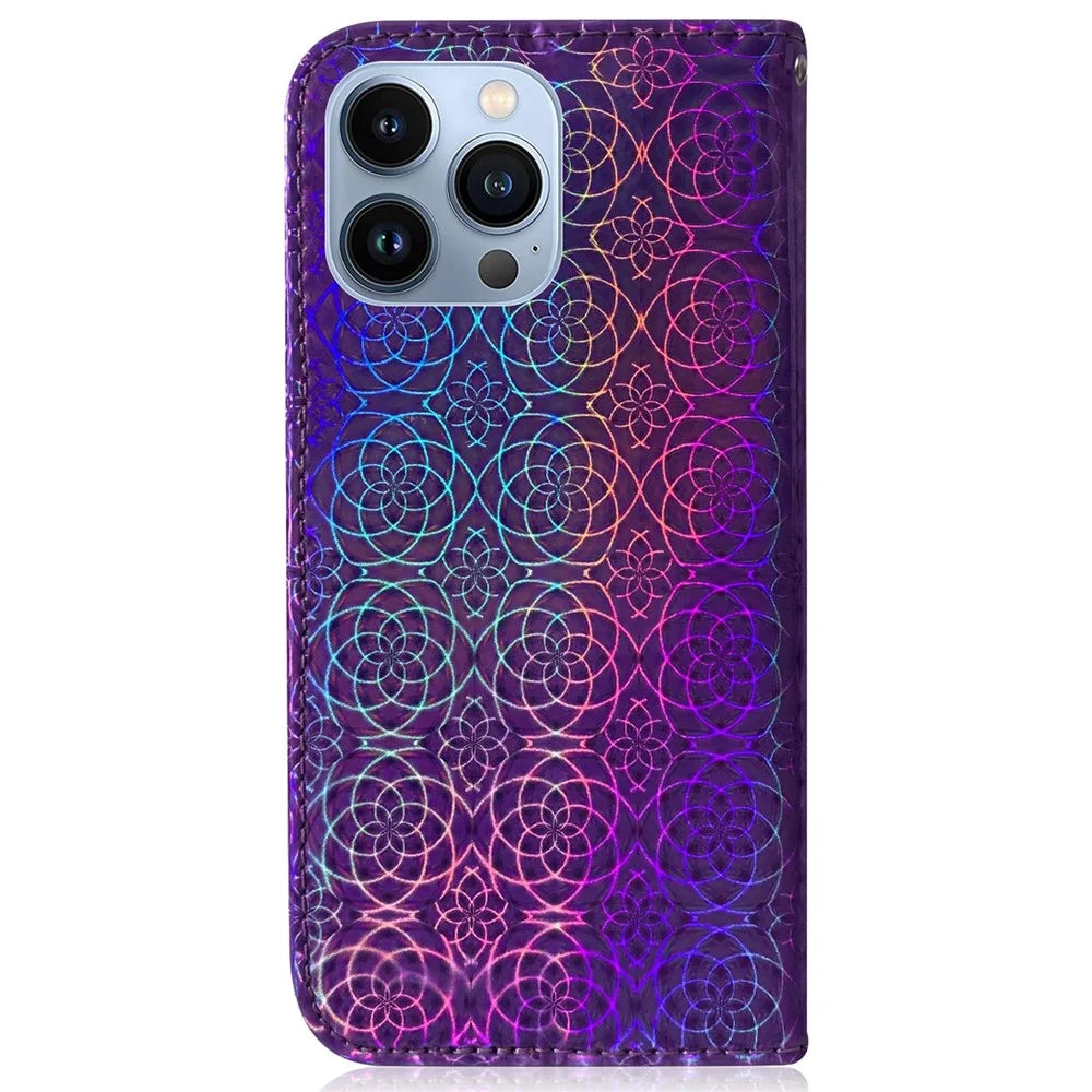 For iPhone 14 Pro 6.1 inch Dazzling Flower Pattern Leather Case Anti-scratch Folio Flip Phone Shell with Stand Wallet - Purple - 7