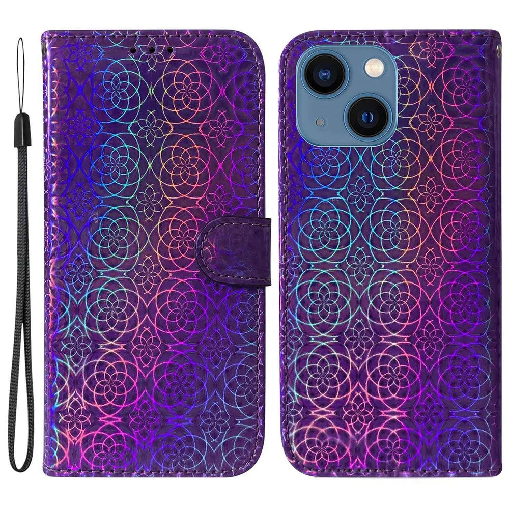 For iPhone 14 6.1 inch Dazzling Flower Pattern Magnetic Leather Case Anti-wear Protective Phone Cover with Stand Wallet - Purple - 1