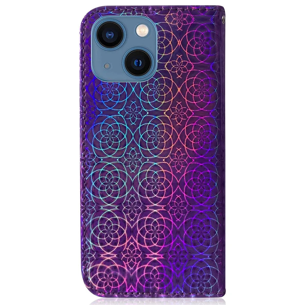 For iPhone 14 6.1 inch Dazzling Flower Pattern Magnetic Leather Case Anti-wear Protective Phone Cover with Stand Wallet - Purple - 7