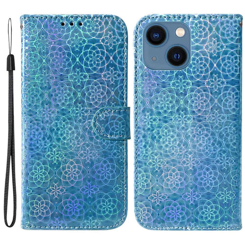 For iPhone 14 Plus PU Leather Dazzling Flower Pattern Case Folio Flip Anti-shock Phone Protector with Stand Wallet - Blue - 1
