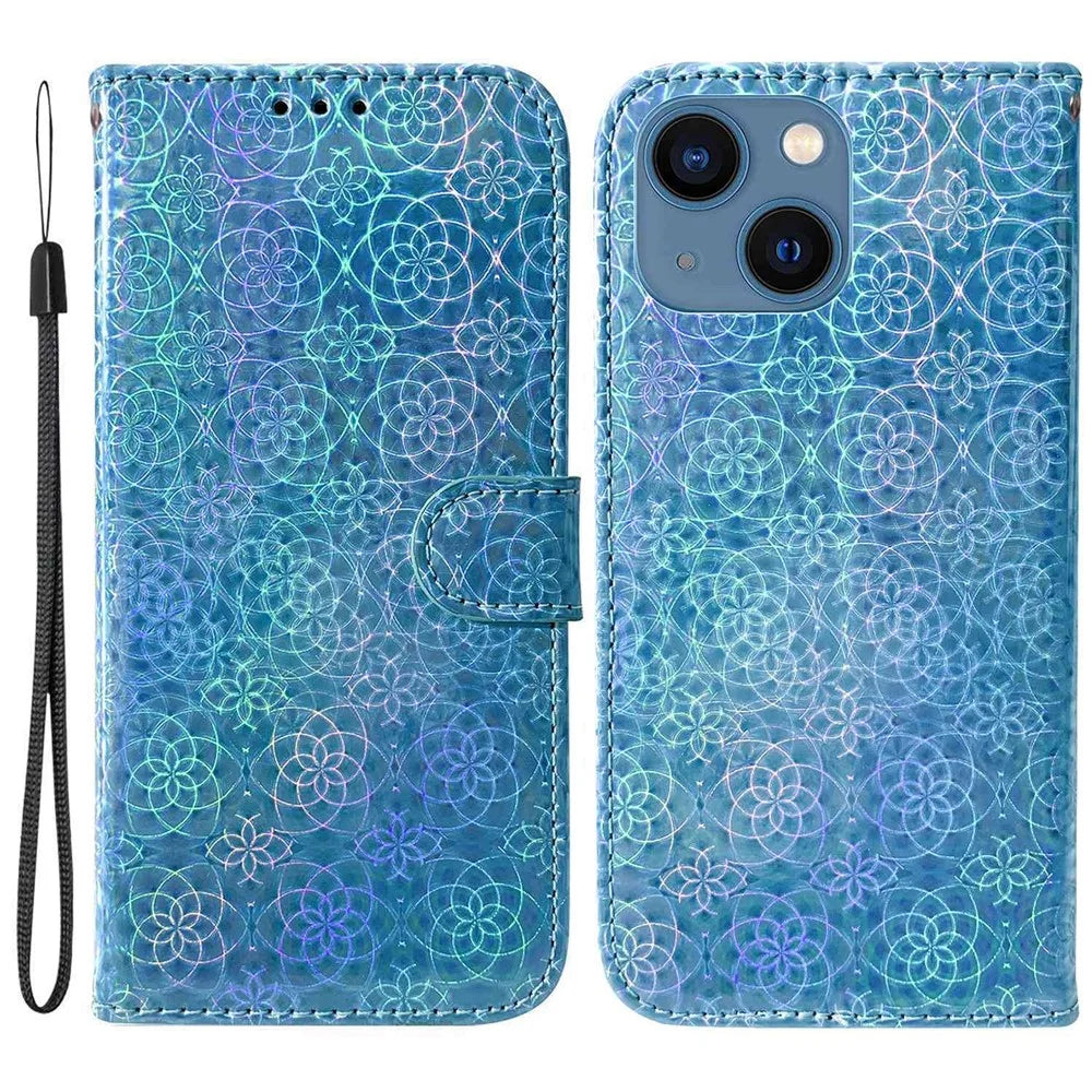 For iPhone 14 Plus PU Leather Dazzling Flower Pattern Case Folio Flip Anti-shock Phone Protector with Stand Wallet - Blue - 1