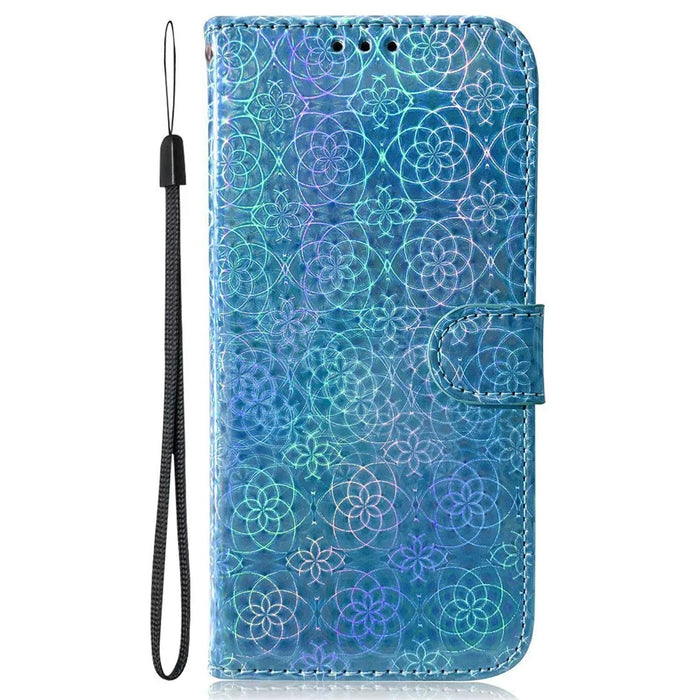 For iPhone 14 Plus PU Leather Dazzling Flower Pattern Case Folio Flip Anti-shock Phone Protector with Stand Wallet - Blue - 5