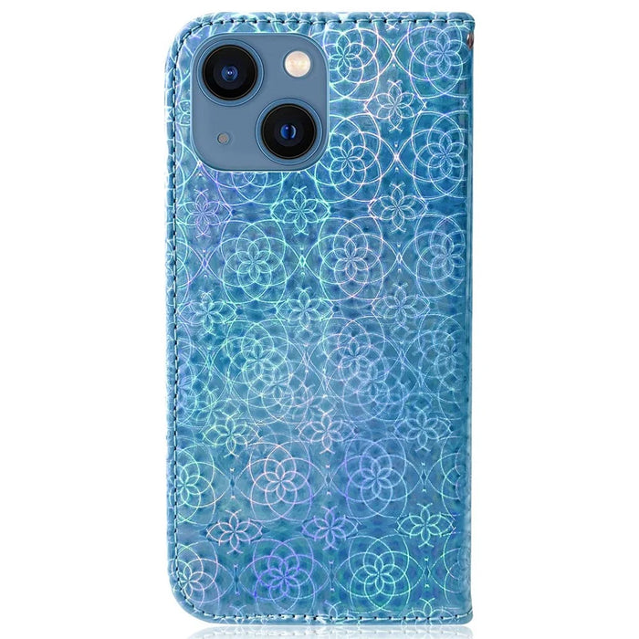 For iPhone 14 Plus PU Leather Dazzling Flower Pattern Case Folio Flip Anti-shock Phone Protector with Stand Wallet - Blue - 6
