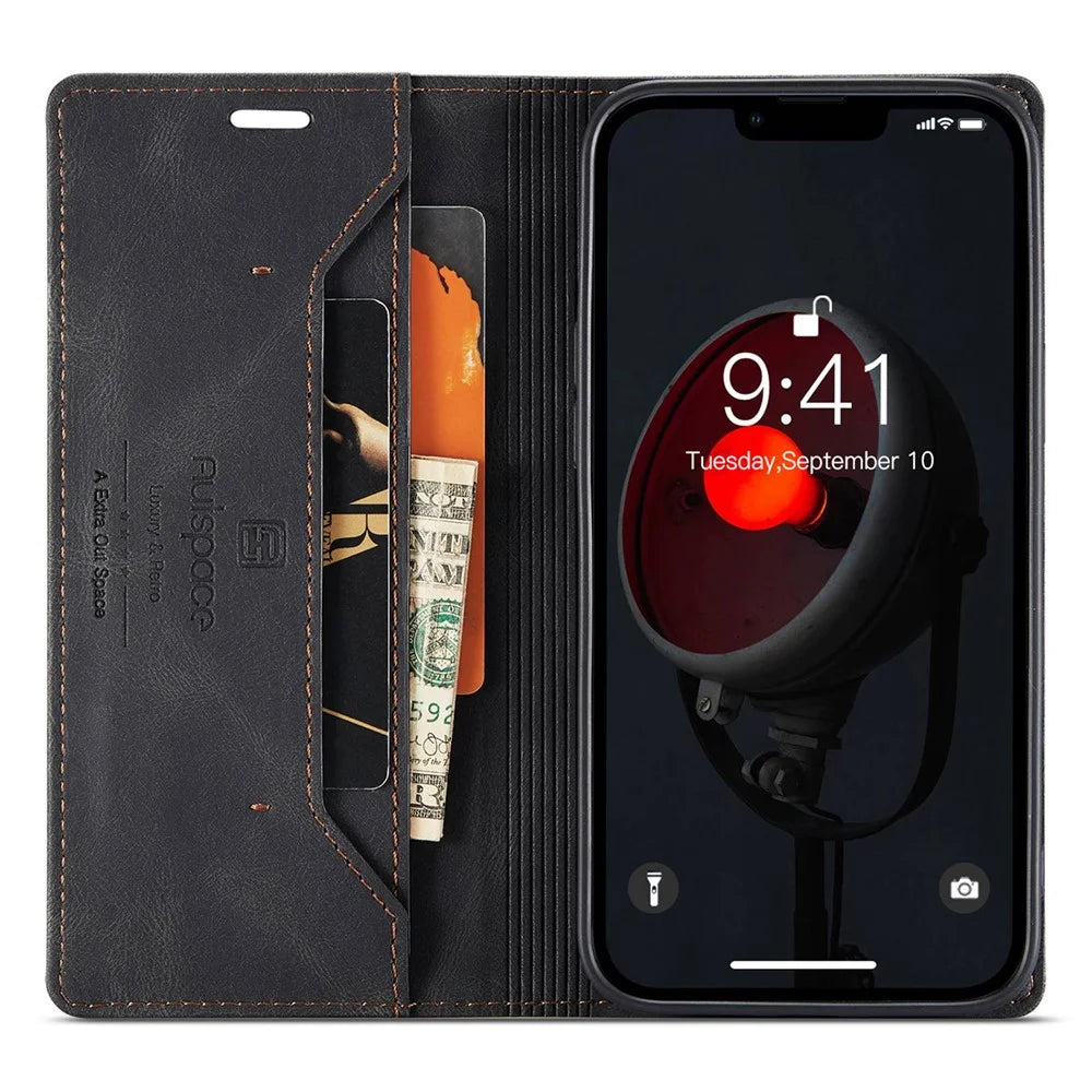 AUTSPACE A01 Series For iPhone 14 Plus Retro Matte Phone Drop-proof Case PU Leather+TPU RFID Blocking Stand Wallet Protective Cover - Black - 2