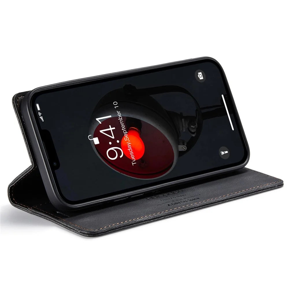 AUTSPACE A01 Series For iPhone 14 Plus Retro Matte Phone Drop-proof Case PU Leather+TPU RFID Blocking Stand Wallet Protective Cover - Black - 3