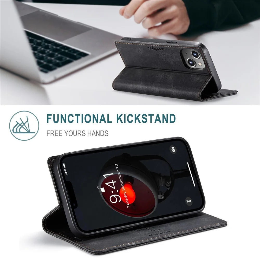 AUTSPACE A01 Series For iPhone 14 Plus Retro Matte Phone Drop-proof Case PU Leather+TPU RFID Blocking Stand Wallet Protective Cover - Black - 4