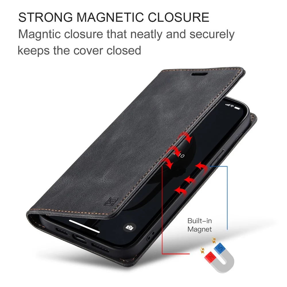 AUTSPACE A01 Series For iPhone 14 Plus Retro Matte Phone Drop-proof Case PU Leather+TPU RFID Blocking Stand Wallet Protective Cover - Black - 7