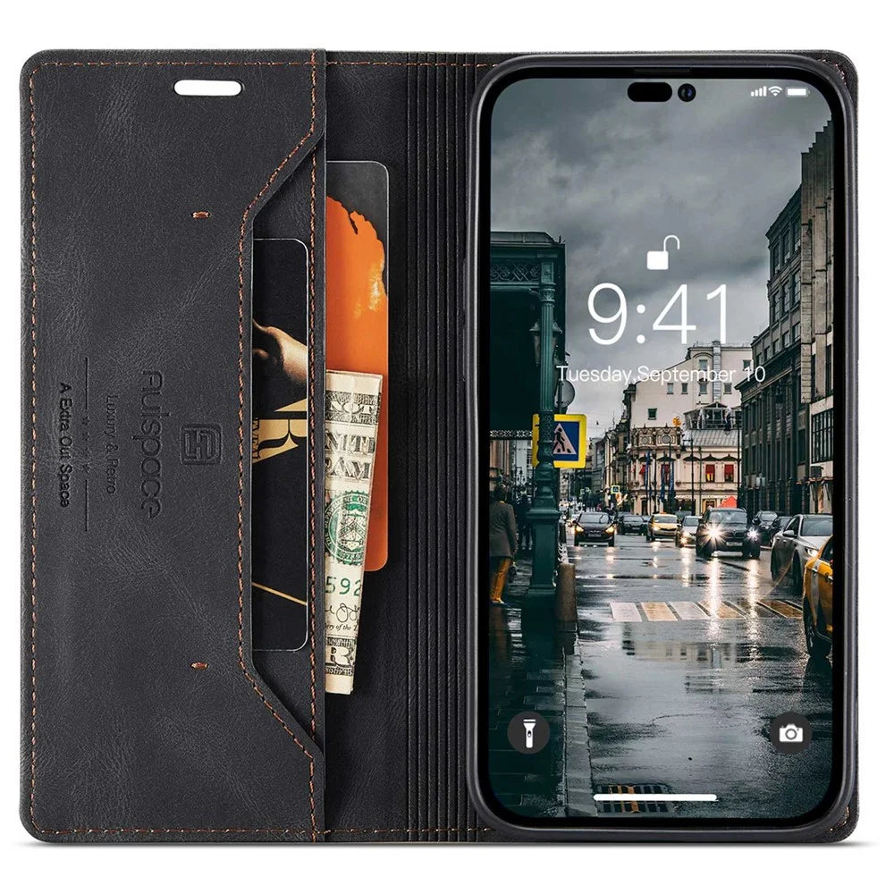 AUTSPACE A01 Series For iPhone 14 Pro Max 6.7 inch Retro Matte PU Leather Phone Full Protection Case RFID Blocking Cover with Stand Wallet - Black - 2