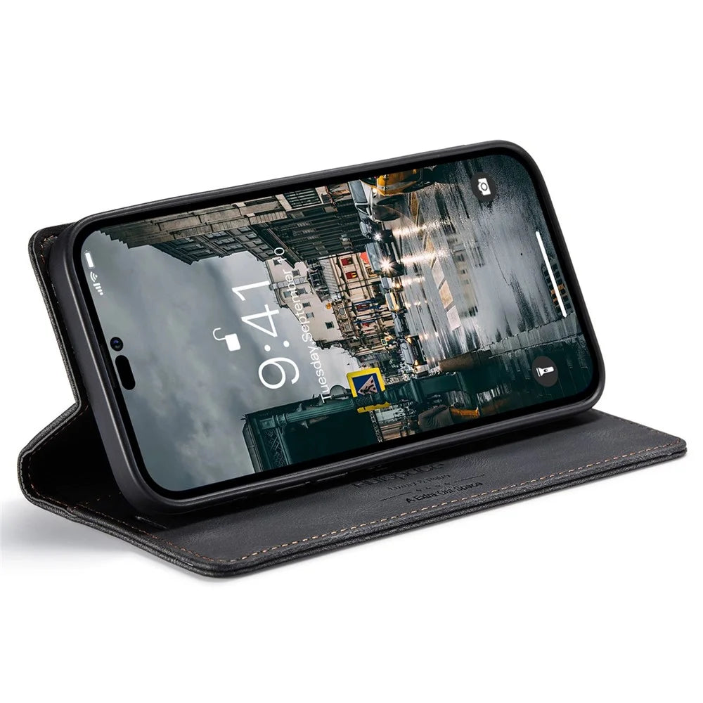 AUTSPACE A01 Series For iPhone 14 Pro Max 6.7 inch Retro Matte PU Leather Phone Full Protection Case RFID Blocking Cover with Stand Wallet - Black - 3
