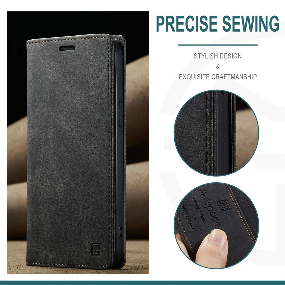 AUTSPACE A01 Series For iPhone 14 Pro Max 6.7 inch Retro Matte PU Leather Phone Full Protection Case RFID Blocking Cover with Stand Wallet - Black - 6