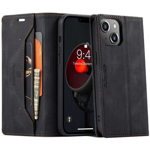 AUTSPACE A01 Series For iPhone 14 6.1 inch Mobile Phone Case Retro Matte PU Leather+TPU RFID Blocking Phone Stand Wallet Cover - Black - 1